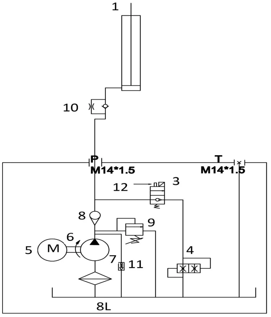 Figure 4--Hydraulic schematic diagram of single cylinder driven hydraulic double column lift 1. Oil cylinder3. Electromagnetic directional valve4. Speed control valve5. Motor; 6. Couplings7. Gear pump8. One way val